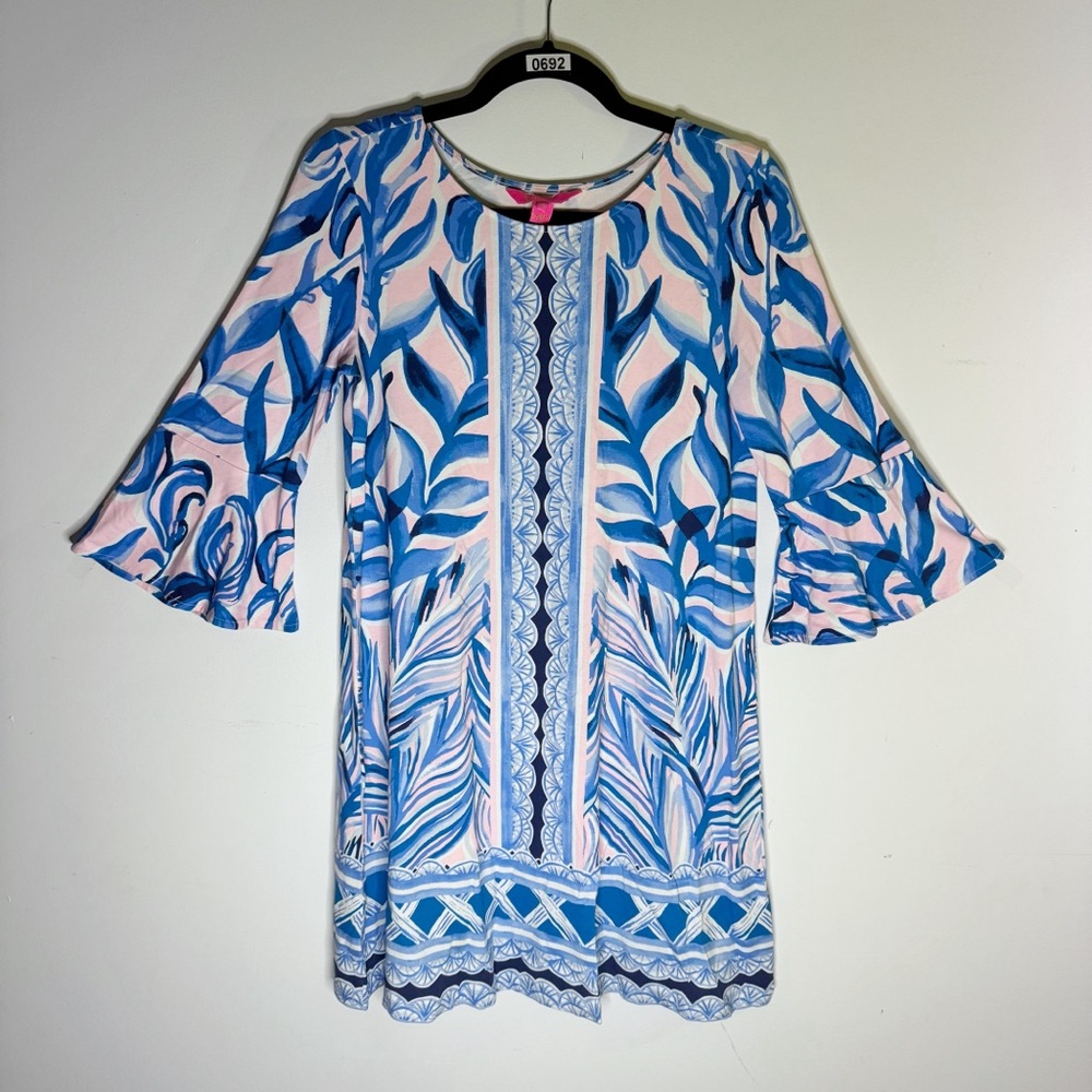Lilly Pulitzer Size M Blue Pink Tropical Print Bell Sleeve Shift Dress